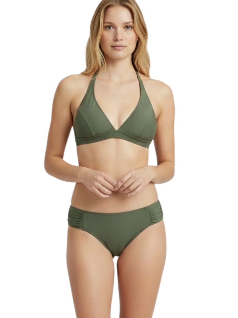 Jade Olive Green Halter Bikini Set Ruched Side Cheeky Bottoms Swimsuit Large